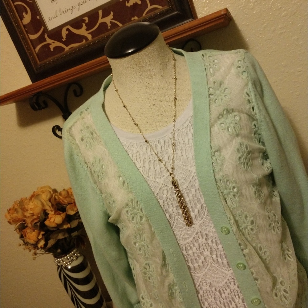 Light Green Cardigan & White Top